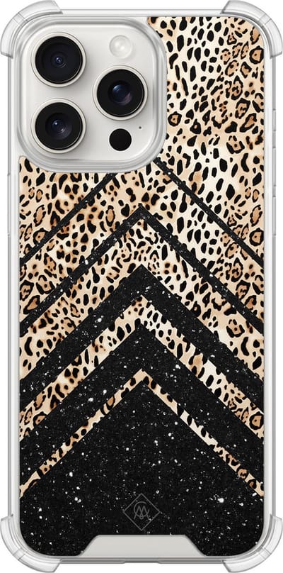Casimoda® hoesje - Geschikt voor iPhone 15 Pro Max - Chevron Luipaard - Shockproof case - Extra sterk - TPU/polycarbonaat - Bruin/beige, Transparant