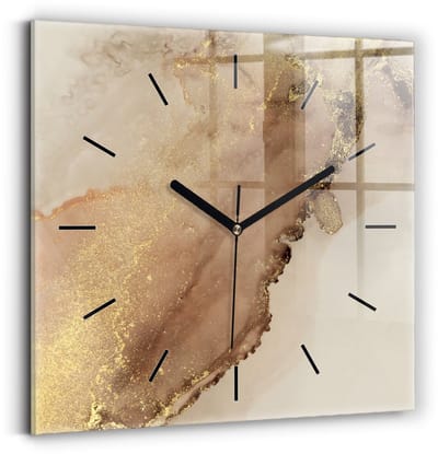 Wallfluent Wandklok - Beige moderne kunst Klok met Print - 30 cm x 30 cm - Bruin Wandklok - Zwarte Handen - Wandklok Zonder Cijfers - Wandklok Glas Woonkamer - Vierkante Glas Klok - Minimalistisch Wandklok - Klok met Afbeelding