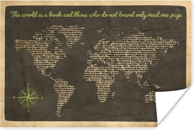 Poster 30x20 cm - Wereldkaart - Quote - Boeken - Posters - Kamer decoratie - Wanddecoratie woonkamer - Muurdecoratie slaapkamer