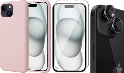 Hoesje geschikt voor iPhone 15 Plus - Screenprotector GlassGuard & Camera Lens Screen Protector Zwart - Back Cover Case SoftTouch Roze