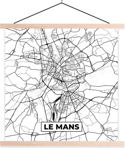 Posterhanger incl. Poster 40x40 cm - Schoolplaat - Stadskaart - Le Mans - Plattegrond - Kaart - Frankrijk - Zwart wit - Textielposter - Blanke latten - Stadskaart
