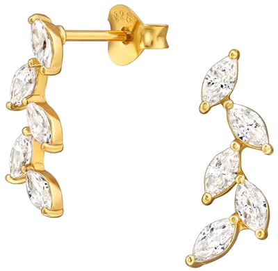 Joy|S - Zilveren takje oorbellen - 5 x 15 mm - olijf tak met blad - marquise zirkonia - sterling zilver 925 gold plated