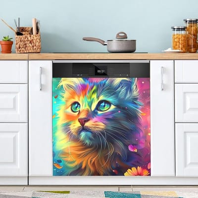 Vaatwasser Cover - Apparaat Skin - Keuken Decoratie - Magnetische Bevestiging - 23 x 26 Inch - Kleurrijk Kattengezicht