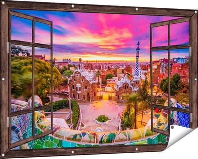 Gards Tuinposter Doorkijk Park Güell Uitzicht op Barcelona - 150x100 cm - Tuindoek - Tuindecoratie - Wanddecoratie buiten - Tuinschilderij