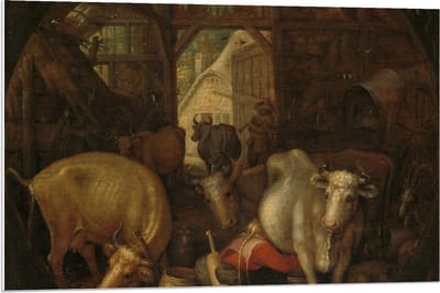 Forex - Oude meesters - Koeien in stal; Heksen in de hoeken, Roelant Savery - 90x60cm Foto op Forex