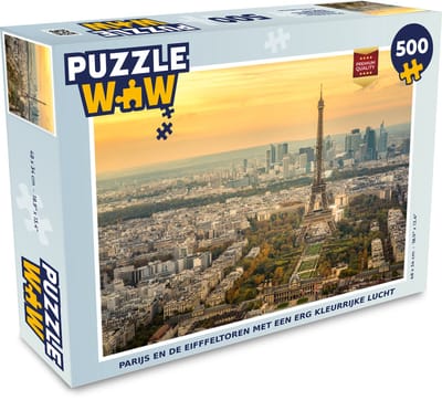 Puzzel Parijs en de Eifffeltoren met een erg kleurrijke lucht - Legpuzzel - Puzzel 500 stukjes