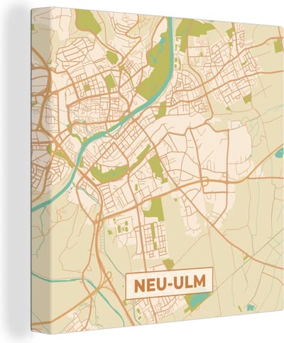 Canvas Schilderij Plattegrond - Neu-Ulm - Vintage - Kaart - Stadskaart - 20x20 cm - Wanddecoratie