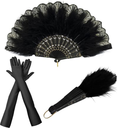 Dailygoods- Verenwaaier Vintage Stijl - Inklapbare Handwaaier - Zwarte Satijnen Handschoenen - Kostuumaccessoire - Feest/Photoshoot - Materiaal: Zijde/Veer/Kunststof