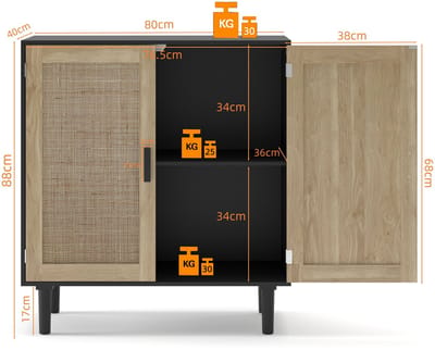 STILVORA Opbergkast - Met Rotan Deuren En Open Vakken - Voor Woonkamer En Hal - MDF En Hout - 80x40x88 Cm - Zwart