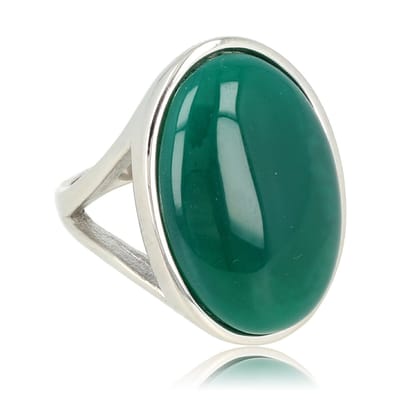 My Bendel - Zilverkleurige Statement Ring met Green Agate Edelsteen - Statement Ring met Ovale Edelsteen • Groene Agaat • Zilverkleurig - met Luxe Cadeauverpakking | Sieraden Voor Dames | Maat 16.00 Mm / Maat 50