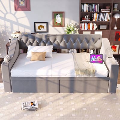 VVBV Slaapbank 90x190 cm met Lades, USB - Planken, Opbergruimte - Fluweel Lichtgrijs/Grijs
