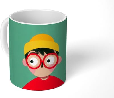 Mok - Koffiemok - Jongen - Cartoon - Bril - Muts - Mokken - 350 ML - Beker - Koffiemokken - Theemok