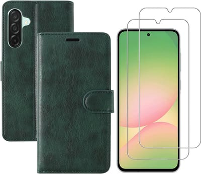Hoesje geschikt voor Samsung Galaxy A56 bookcase Groen - Met screenprotector tempered glass Galaxy A56 - 2x