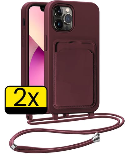 Hoesje Geschikt voor iPhone 13 Pro Telefoonhoesje Met Koord Case Pashouder Siliconen - Hoes Geschikt voor iPhone 13 Pro Hoesje Met Kaarthouder - Aubergine - 2 Stuks