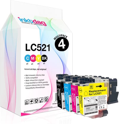 Inktdag inktcartridges multipack 4 stuks for lc521 brother inktpatronen ,LC-521 inktcartridges voor Brother DCP-J1260W, DCP-J1310DW, DCP-J1313DW, DCP-J1360DW, DCP-J1460DW Printer (LC521BK, LC521C, LC521M, LC521Y)