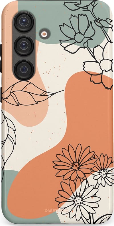 Casetastic hoesje geschikt voor Samsung Galaxy S25 - Dubbellaagse bescherming - Lijnenspel Botanisch - Fashion Case - Crème Saliegroen Perzik