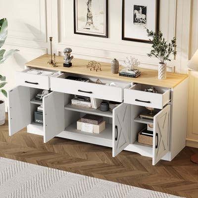 STILVORA Dressoir – Modern Wit Meubel Met Natuurlijke Houtkleur Dekplaat – 3 Lades 4 Deuren Voor Woonkamer En Hal – MDF – 160x37x75 cm – Wit