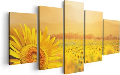 Artaza Canvas Schilderij Vijfluik Zonnebloemen Veld Met Zonopkomst - 100x50 cm - Wanddecoratie Woonkamer - Schilderijen - Muurdecoratie