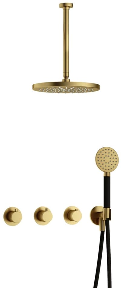 Hotbath Cobber IBS70 inbouw regendoucheset met ronde handdouche aan houder en 30cm ronde hoofddouche aan 30cm plafondarm geborsteld messing PVD