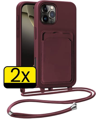 Hoesje Geschikt voor iPhone 16 Pro Telefoonhoesje Met Koord Case Pashouder Siliconen - Hoes Geschikt voor iPhone 16 Pro Hoesje Met Kaarthouder - Aubergine - 2 Stuks