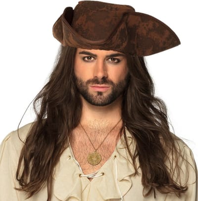 Boland Verkleedkleding set piratenhoed met haar - bruin - met gouden piraten thema ketting - Heren