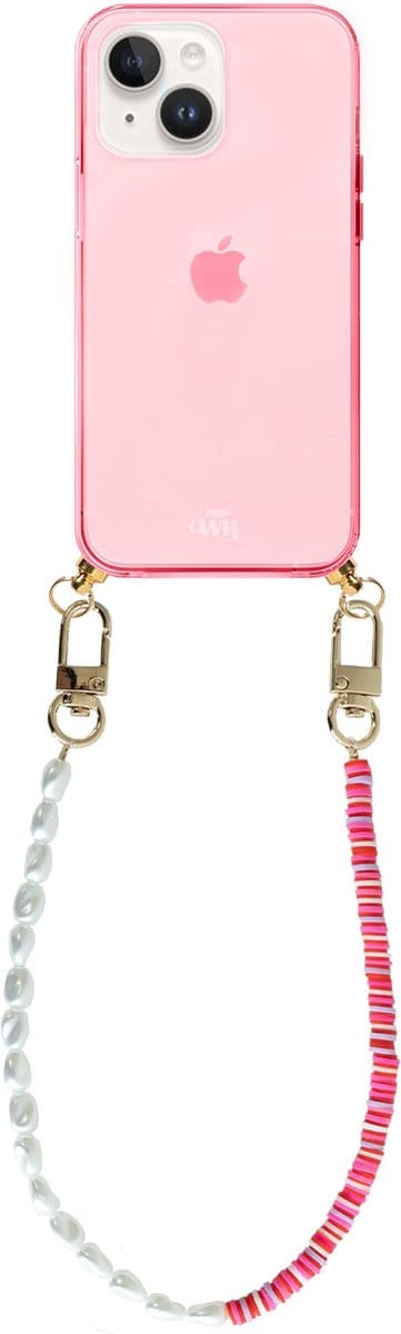 xoxo Wildhearts silicone case met koord - Roze telefoonhoesje met koord - telefoonketting - Island Girl - short - Cord Case - geschikt voor Apple iPhone 13 - Korte parelketting / kralenketting - Parels - Wit / Roze