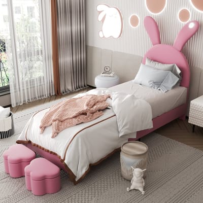 MODFU - Bedframe 90x200 cm – Roze fluweel met LED & 2 opbergbanken – Verstelbaar hoofdbord