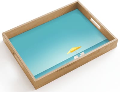 Dienblad hout 40x30 cm - Schootdienblad - Strand - Blauwe lucht - Geel - Parasol - Borrelplank rechthoek - Plateau dienbladen