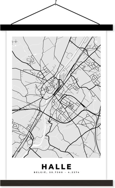 Posterhanger incl. Poster 40x60 cm - Schoolplaat - België – Halle – Stadskaart – Kaart – Zwart Wit – Plattegrond - Textielposter - Zwarte latten - Stadskaart