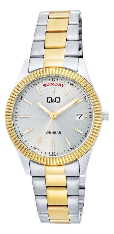 Q&Q A15A-002PY - Horloge - Analoog - Vrouwen - Dames - Stalen band - Rond - Metaal - Streepjes - Datumaanduiding - Zilverkleurig - Goudkleurig - 5 ATM
