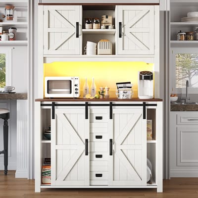 Buffetkast 115x40x175 cm - Met Schuifdeuren en LED Verlichting - Opbergkast - Hout - Zwart Wit