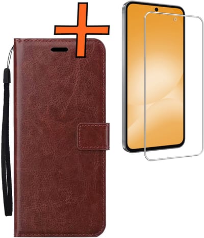 Hoes - Met Screenprotector - Geschikt voor Samsung Galaxy A56 - Luxe Pasjeshouder - Bookcase Portemonee - Flip Case - Kunstleer Book Case - Flipcase - Book Cover - Walletcase - PortemonneeHoes - Bruin