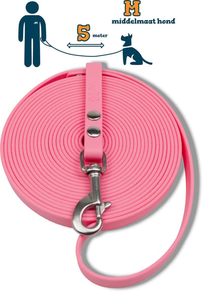 Miqdi lange lijn - BioThane ® - pastel roze - 5 meter lang - 13 mm breed - M - middelmaat hond - lange hondenriem