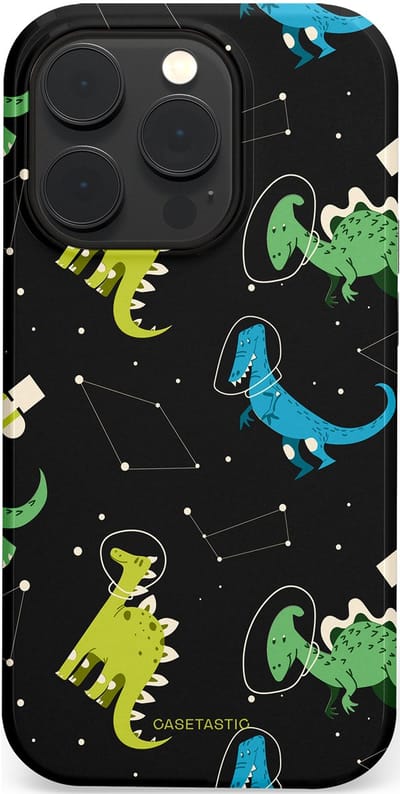Casetastic hoesje geschikt voor Apple iPhone 14 Pro - MagSafe - Dubbellaagse bescherming - Dino in de sterren - Fashion Case - Zwart Groen