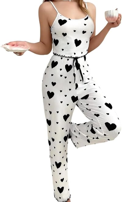 Dames 2-delige Pyjama Set met Hartprint, Spaghetti Bandjes Top en Hoge Taille Broek, Comfortabele en Gezellige Nachtkleding voor Thuis en Ontspanning
