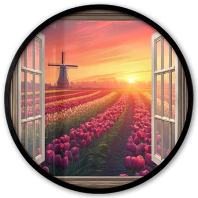 Poster in lijst Rond - Fotolijst 40x40 cm - Posters - Doorkijk - Tulpen - Zonsondergang - Bloemen - Kleurrijk - Ronde posterlijst zwart - Decoratie - Wanddecoratie woonkamer - Muurdecoratie slaapkamer