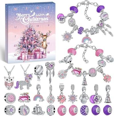 Kerst Adventskalender Armband voor Meisjes - Kerst Blind Box - 24 Unieke Cadeau Kerst Adventskalenders - Kerstcadeaus voor Kinderen - Creatief DIY Kralenwerk - Perfect Kerstcadeau voor Meisjes en Kinderen - Roze