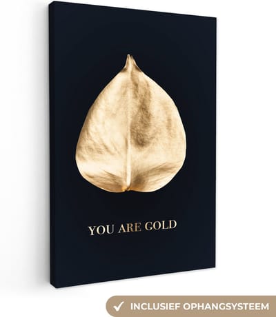 Canvas Schilderij Quote - Blad - Goud - 40x60 cm - Wanddecoratie