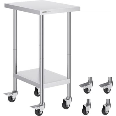 VEVOR RVS werktafel, voorbereidingstafel 610 x 457 x 954,6 mm, draagvermogen 290 kg, met 4 wielen, 3 verstelbare hoogteniveaus, werktafel voor voedselbereiding voor commerciële restaurants