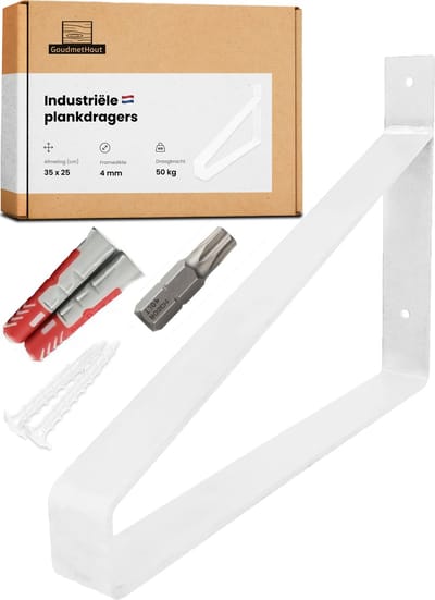 GoudmetHout® Industriële Plankdragers - 35 cm - Stalen Plankdrager voor Wandschap, Muurrek of Wandconsole - Max 50 kg - 1 stuk - Mat Wit