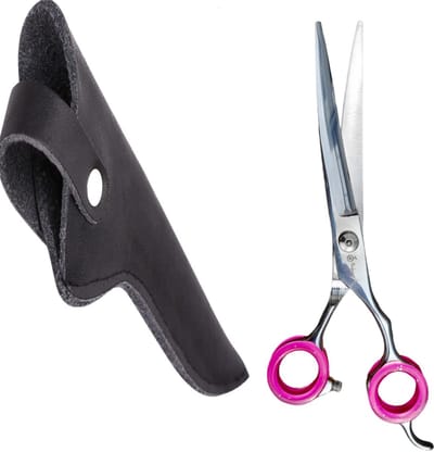 Professor Q – Professionele Up Gebogen Hondenschaar – Roze – 7.5 Inch (19.5 cm) – Ideaal voor Langharige Honden – Inclusief Luxe Lederen Etui – 16,5 cm – Zwart