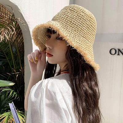 Opvouwbare Breedgerande Floppy Meisjes Strooien Hoed Parel Zonnehoed Strand Dames Zomerhoed UV-Bescherming Reishoed Dames Hoed Vrouwen M（56-58cm） beige