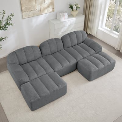 Luxe Modulaire U-Bank met 2 Poefs - 3-Zits Teddy/Bouclé Bank - Grijs - Diepe Zit - Frameloos Design