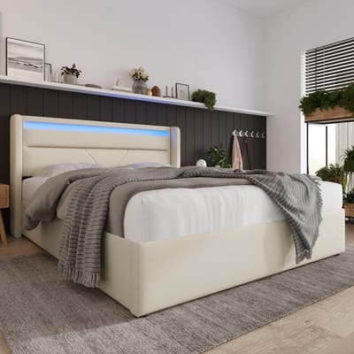 Wishdor Opbergbed 140x200 cm – Hydraulische Lift – LED in Hoofdbord – Inclusief Matras – PU – Wit