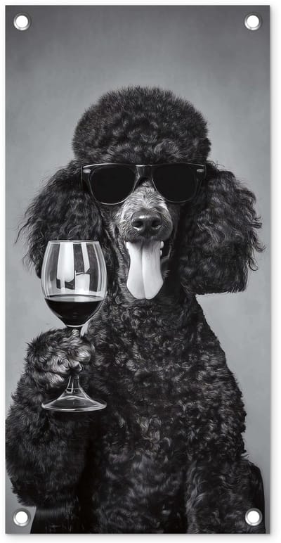 Tuinposter 30x60 cm - Tuindecoratie Hond - Krullen - Zonnebril - Wijn - Poster voor in de tuin - Buiten decoratie - Schutting tuinschilderij - Tuindoek muurdecoratie - Wanddecoratie balkondoek