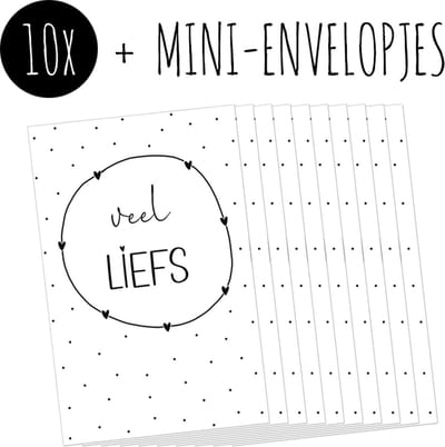 10x Minikaartjes + Mini-envelopjes | VEEL LIEFS | kleine kaartjes met kraft enveloppen