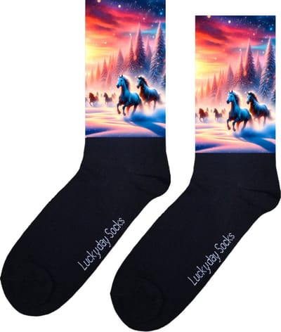 Paarden - Winter - Opkikker - Grappige sokken - Valentijns cadeau - Verjaardag cadeau - Kerst cadeau - Grappige sokken - Leuke sokken - Vrolijke sokken - Zonsopgang - Vaderdag - Moederdag - Sneeuw - Socks die Happy maken - 37-44