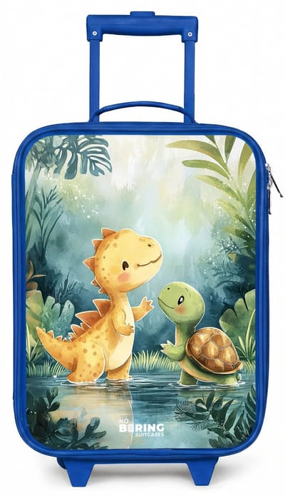 NoBoringSuitcases.com® - Kinderkoffer blauw - Kindertrolley jongen - Dino - Schildpad - Jungle - Koffer kind lichtgewicht - Reiskoffer trolley voor kinderen - Koffertje met lichtgevende wieltjes - Rolkoffer