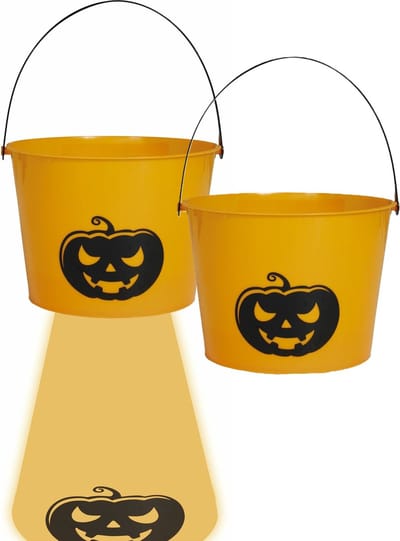Fiestas Guirca Trick or treat snoep emmertje - 2x - oranje - met verlichting - 18 x 16 cm - Halloween snoepjes ophalen