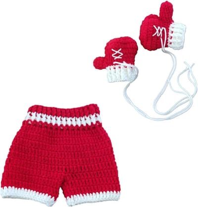 Kraamcadeau voor Baby's: Gehaakte Boxhandschoen Broek en Kledingset voor 0-4 Maanden Jongens en Meisjes in Rood, Fotografie Props en Babyoutfit